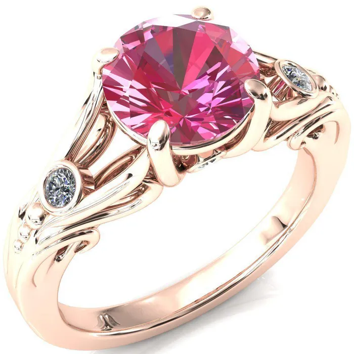 Aerolynn Round Pink Sapphire 4 Prong Diamond Accent Engagement Ring Fire Brilliance Rings