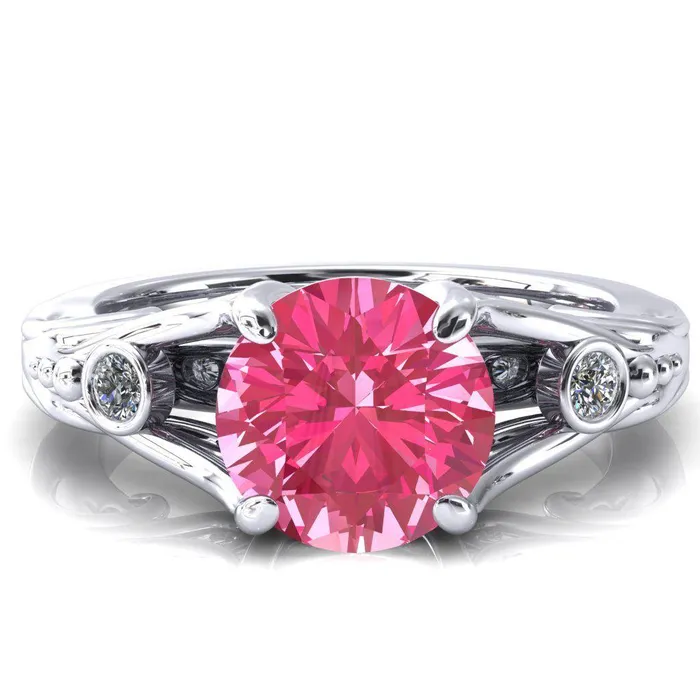 Aerolynn Round Pink Sapphire 4 Prong Diamond Accent Engagement Ring Fire Brilliance Rings