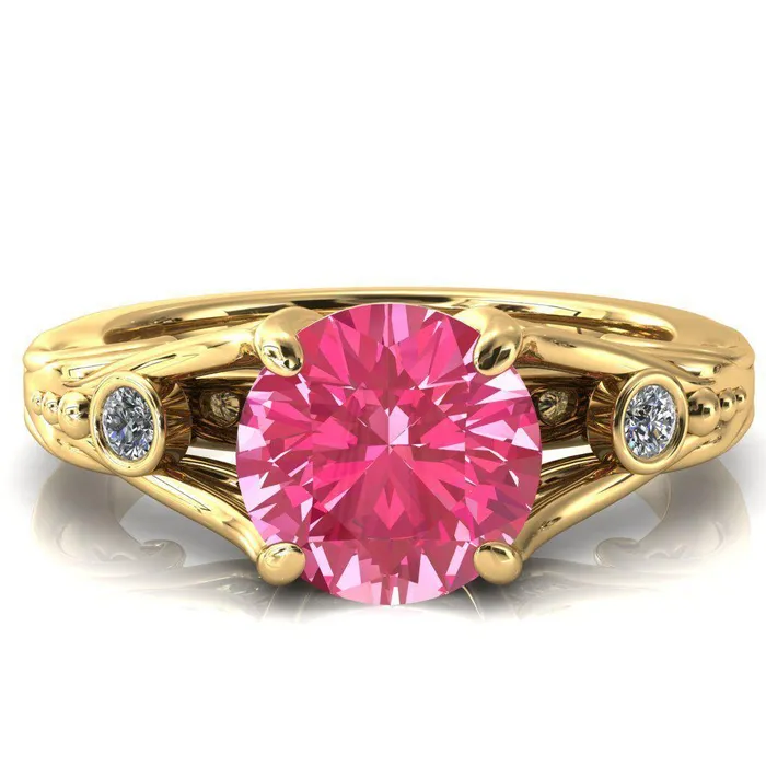 Aerolynn Round Pink Sapphire 4 Prong Diamond Accent Engagement Ring Fire Brilliance Rings