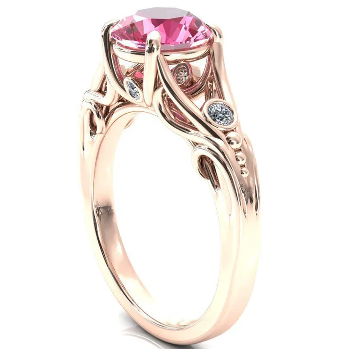 Aerolynn Round Pink Sapphire 4 Prong Diamond Accent Engagement Ring Fire Brilliance Rings
