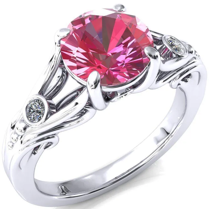 Aerolynn Round Pink Sapphire 4 Prong Diamond Accent Engagement Ring Fire Brilliance Rings