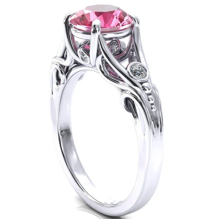 Aerolynn Round Pink Sapphire 4 Prong Diamond Accent Engagement Ring Fire Brilliance Rings