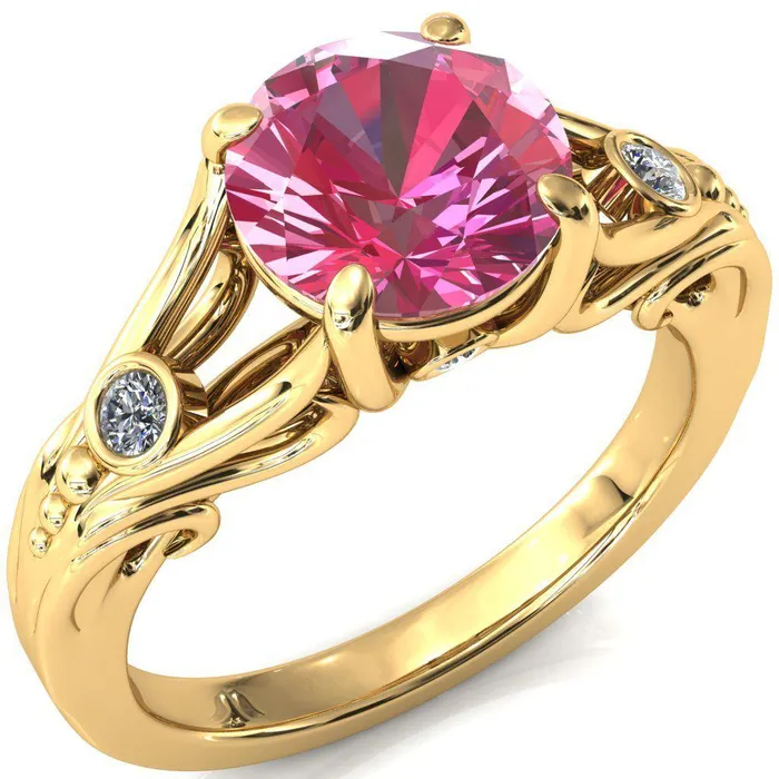 Aerolynn Round Pink Sapphire 4 Prong Diamond Accent Engagement Ring Fire Brilliance Rings