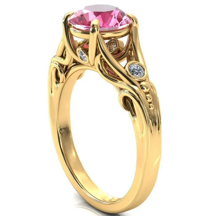 Aerolynn Round Pink Sapphire 4 Prong Diamond Accent Engagement Ring Fire Brilliance Rings