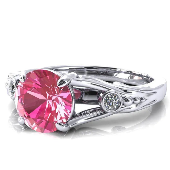 Aerolynn Round Pink Sapphire 4 Prong Diamond Accent Engagement Ring Fire Brilliance Rings