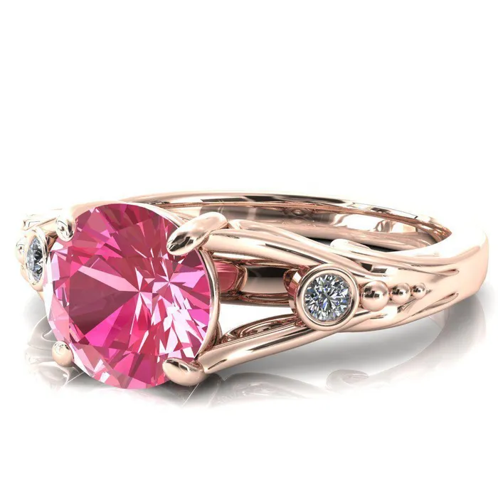 Aerolynn Round Pink Sapphire 4 Prong Diamond Accent Engagement Ring Fire Brilliance Rings