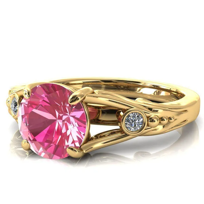 Aerolynn Round Pink Sapphire 4 Prong Diamond Accent Engagement Ring Fire Brilliance Rings