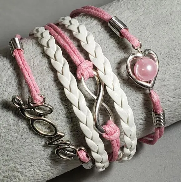 alice Bracelets B973 Light Pink White Love Heart Pearl Leather Bracelet
