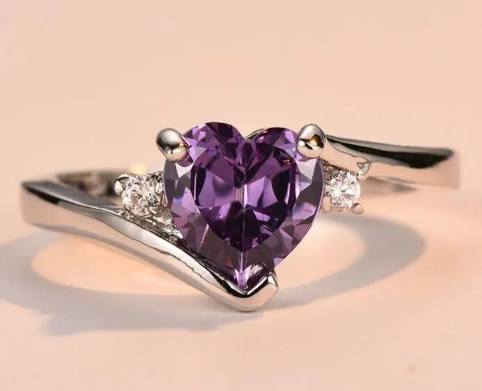 alice R306 Silver Lavender Heart Rhinestone Ring Rings