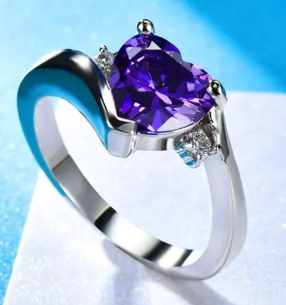 alice R306 Silver Lavender Heart Rhinestone Ring Rings