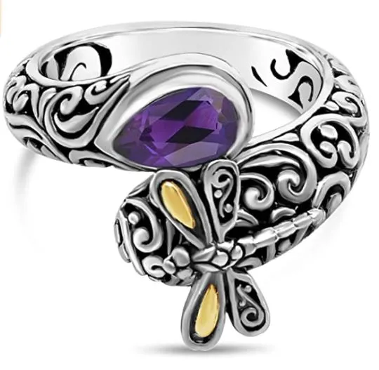 alice Rings R217 Silver Gold Accent Deep Purple Gem Dragonfly Ring
