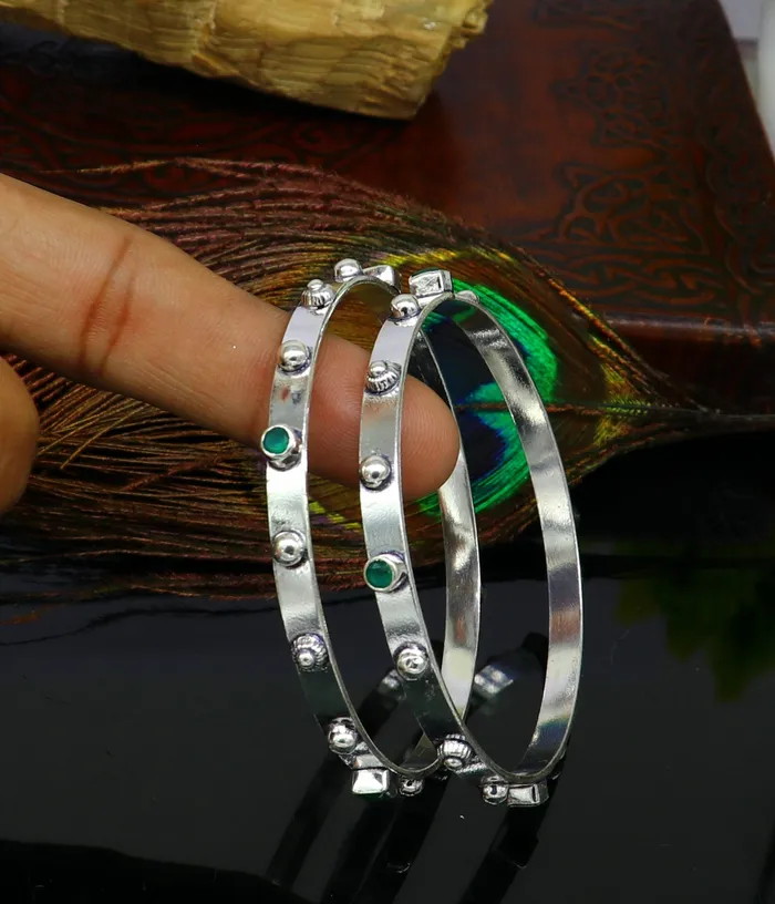 Amazing unique design handmade 925 sterling silver plain design green gemstone bangles bracelet tribal stylish fancy jewelry nba117 TRIBAL ORNAMENTS Bracelets