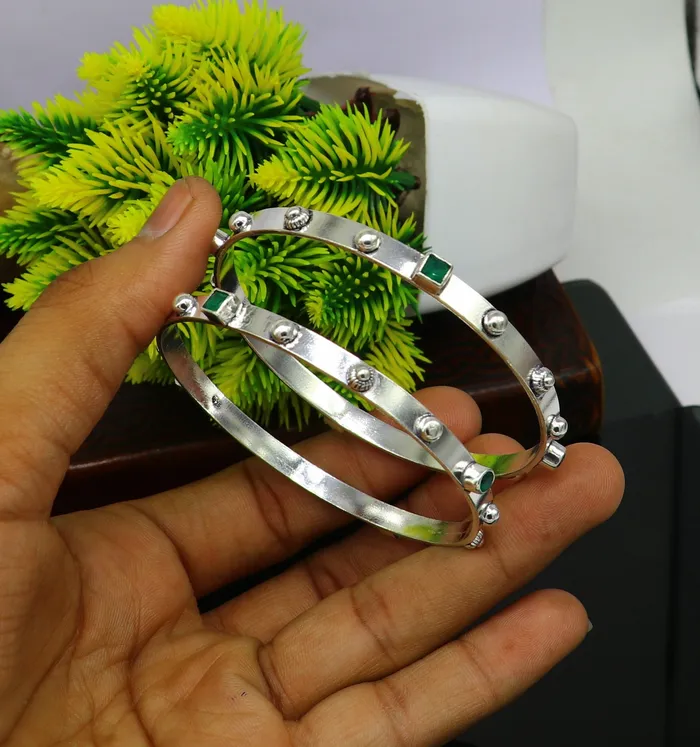 Amazing unique design handmade 925 sterling silver plain design green gemstone bangles bracelet tribal stylish fancy jewelry nba117 TRIBAL ORNAMENTS Bracelets