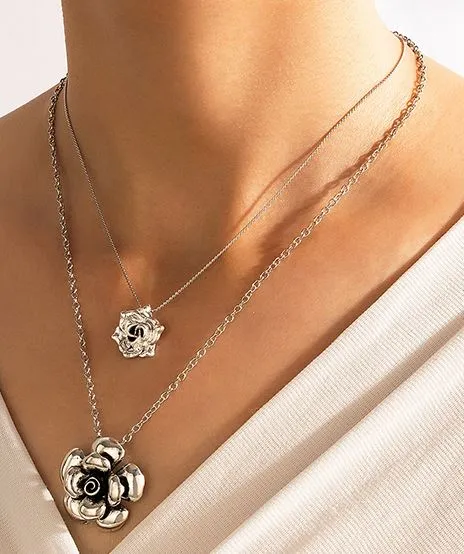 AZ1313 Silver Flower Layered Necklace FREE Earrings 02 Necklaces