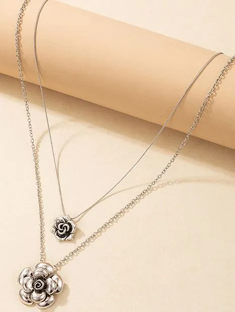 AZ1313 Silver Flower Layered Necklace FREE Earrings 02 Necklaces