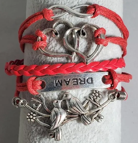 AZ287 Red Heart Dream Birds Infinity Leather Layer Bracelet alice Bracelets