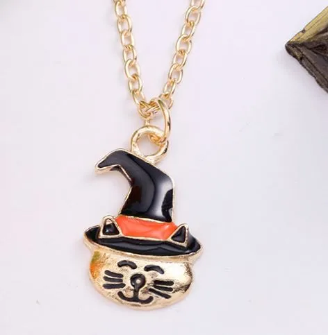 AZ841 Gold Cat in Witch Hat Necklace with FREE EARRINGS alice Necklaces