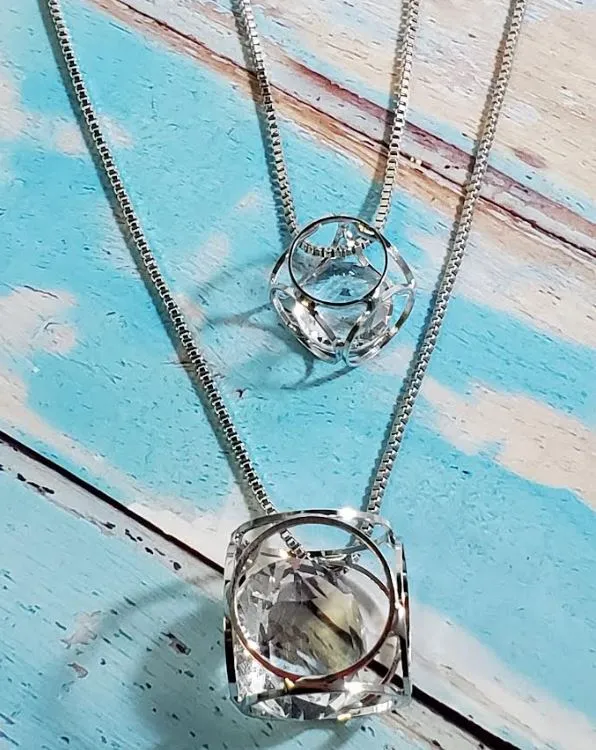 AZ85 Silver 3D Cage Gem Necklace with FREE Earrings polly Necklaces