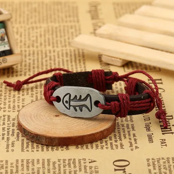 B275 Brown Leather Red Cord Fish Bone Bracelet 01 Bracelets