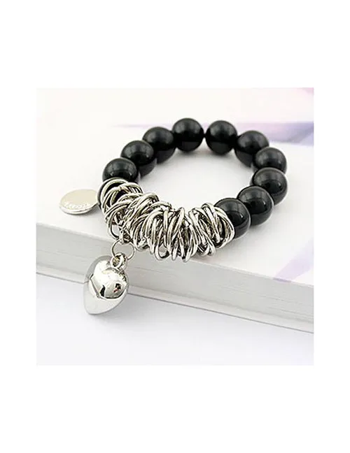 B387 Silver Black Bead Heart Bracelet 02 Bracelets