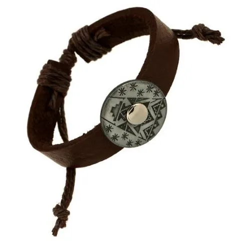 B513 Brown with Silver Aztec Design Leather Bracelet 01 Bracelets