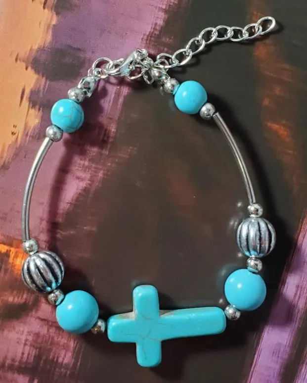 B516 Turquoise Crackle Stone Cross Bracelet polly Bracelets
