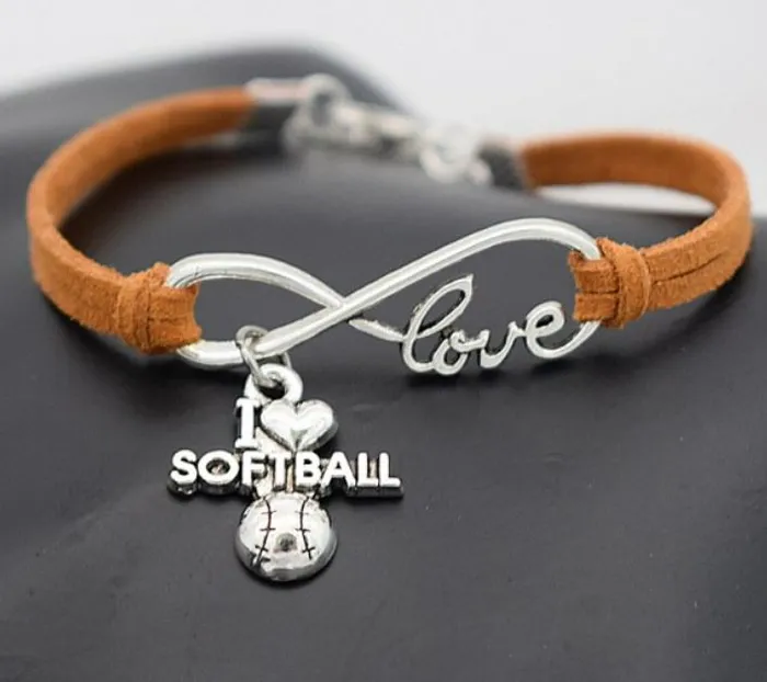 B934 Orange I Love Softball Leather Cord Bracelet polly Bracelets