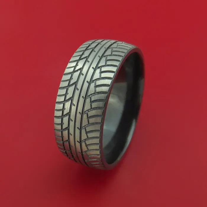 Black Zirconium Ring with Tire Tread Pattern Inlay Custom Made Band Lashbrook Rings Black Zirconium Ring with Tire Tread Pattern Inlay Custom Made Band Lashbrook Rings