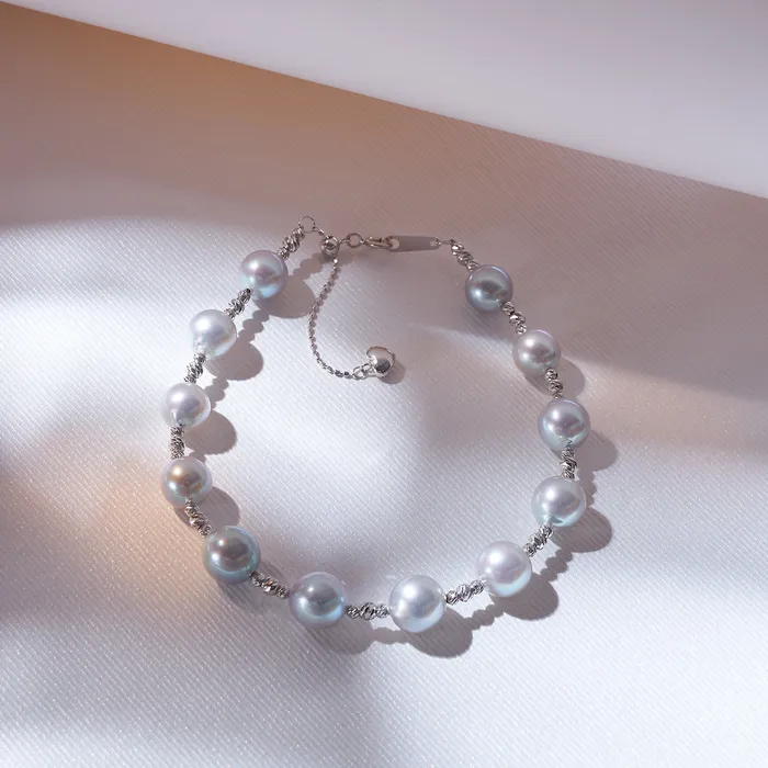 Bracelets 18K Solid Gold Silver Blue Akoya Pearl Bracelet KB00037 Pearly Lustre