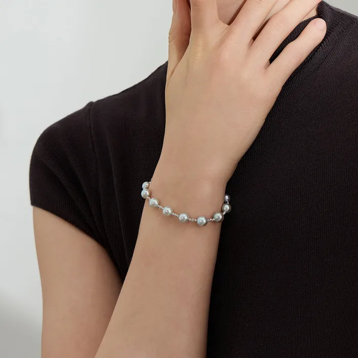 Bracelets 18K Solid Gold Silver Blue Akoya Pearl Bracelet KB00037 Pearly Lustre