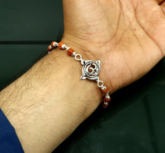 Bracelets 925 sterling silver custom Aum OM design rudraksha Rakhi Bracelet special personalized gift for your brother rk009 TRIBAL ORNAMENTS Bracelets 925 sterling silver custom Aum OM design rudraksha Rakhi Bracelet special personalized gift for your brother rk009 TRIBAL ORNAMENTS