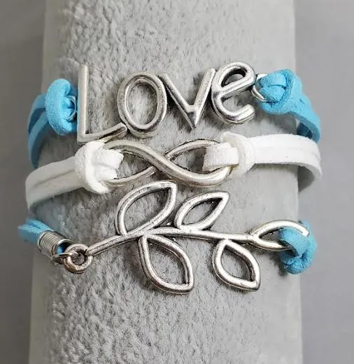 Bracelets alice AZ1167 Light Blue White Love Leaf Infinity Layer Leather Bracelet Bracelets alice AZ1167 Light Blue White Love Leaf Infinity Layer Leather Bracelet