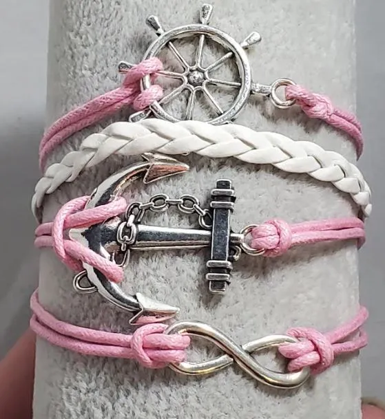 Bracelets alice AZ165 Pink White Ship Wheel Anchor Infinity Leather Layer Bracelet Bracelets alice AZ165 Pink White Ship Wheel Anchor Infinity Leather Layer Bracelet
