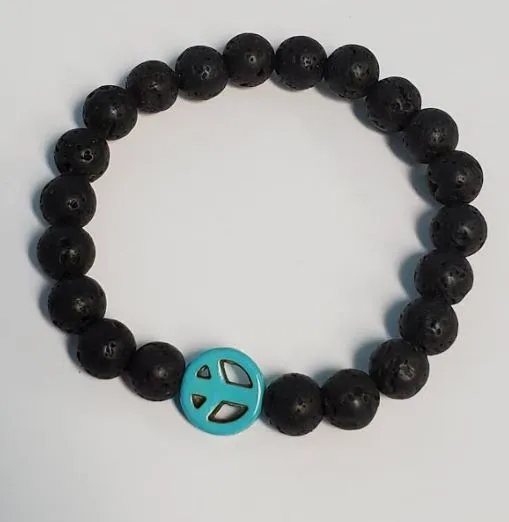 Bracelets polly B395 Black Lava Stone Turquoise Peace Sign Bead Bracelet
