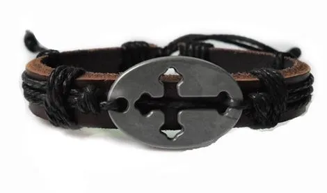 Bracelets POLLY B80 Silver Cross in Oval Brown Leather Black Cord Bracelet