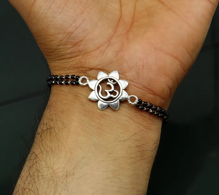 Bracelets TRIBAL ORNAMENTS 8 925 Sterling silver customized black beaded AUM OM Rakhi or bracelet best gift for your brothers for special personalized gifing rk16 Bracelets TRIBAL ORNAMENTS 8 925 Sterling silver customized black beaded AUM OM Rakhi or bracelet best gift for your brothers for special personalized gifing rk16