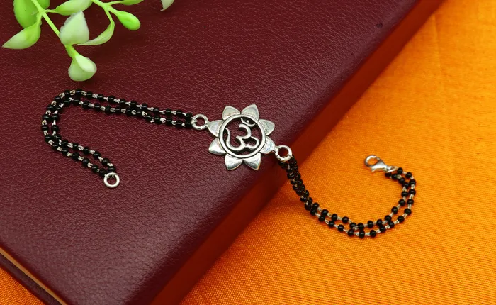 Bracelets TRIBAL ORNAMENTS 8 925 Sterling silver customized black beaded AUM OM Rakhi or bracelet best gift for your brothers for special personalized gifing rk16