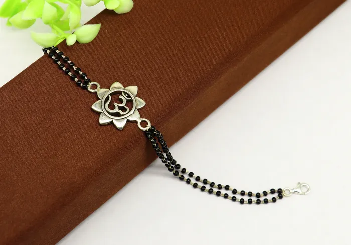 Bracelets TRIBAL ORNAMENTS 8 925 Sterling silver customized black beaded AUM OM Rakhi or bracelet best gift for your brothers for special personalized gifing rk16