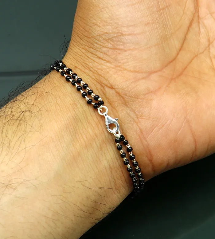 Bracelets TRIBAL ORNAMENTS 8 925 Sterling silver customized black beaded AUM OM Rakhi or bracelet best gift for your brothers for special personalized gifing rk16