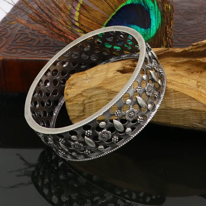Bracelets TRIBAL ORNAMENTS 925 sterling silver vintage style handcrafted flower design kada bangle bracelet tribal wedding jewelry for girls from india ba98