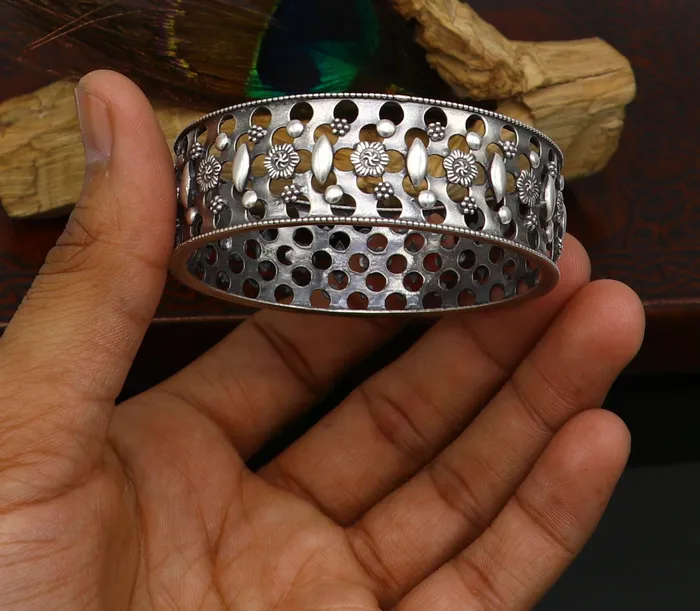 Bracelets TRIBAL ORNAMENTS 925 sterling silver vintage style handcrafted flower design kada bangle bracelet tribal wedding jewelry for girls from india ba98