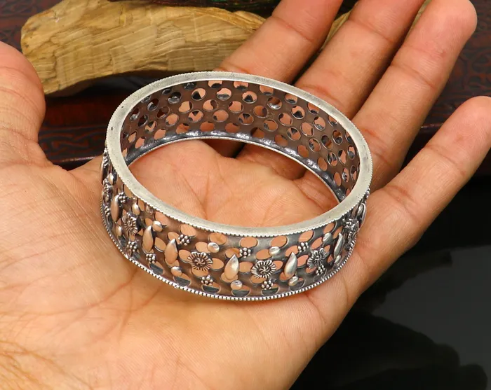 Bracelets TRIBAL ORNAMENTS 925 sterling silver vintage style handcrafted flower design kada bangle bracelet tribal wedding jewelry for girls from india ba98
