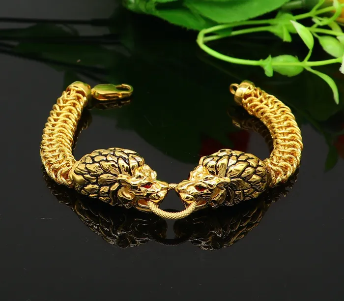 Bracelets TRIBAL ORNAMENTS Indian Traditional cultural lion face design bracelet hallmarked 22kt yellow gold mens bracelet lion head unique wrist bracelet gbr44