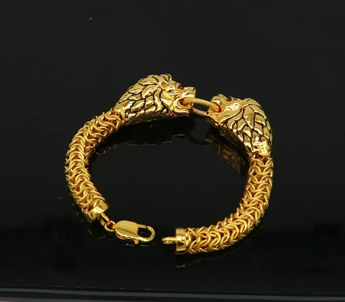 Bracelets TRIBAL ORNAMENTS Indian Traditional cultural lion face design bracelet hallmarked 22kt yellow gold mens bracelet lion head unique wrist bracelet gbr44