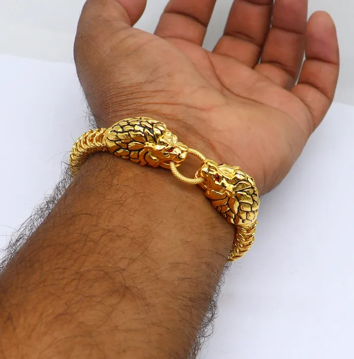 Bracelets TRIBAL ORNAMENTS Indian Traditional cultural lion face design bracelet hallmarked 22kt yellow gold mens bracelet lion head unique wrist bracelet gbr44