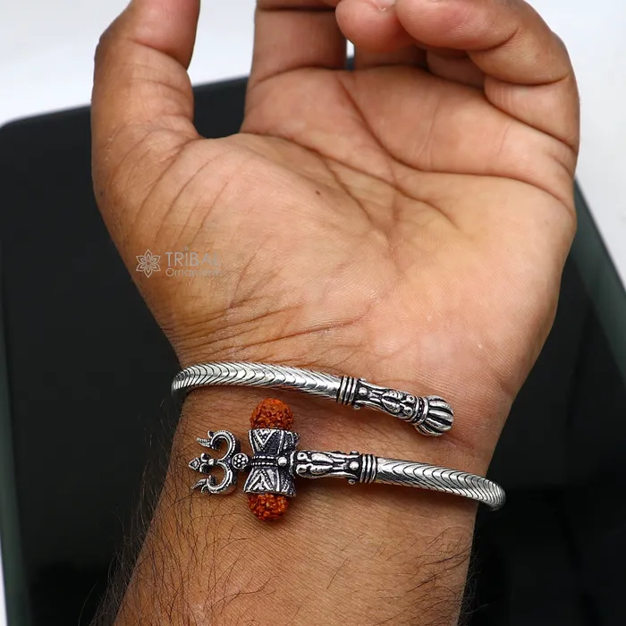 Bracelets TRIBAL ORNAMENTS Trendy Lord Shiva trident trishul trishool kada 925 Sterling silver handmade bangle bracelet with natural Rudraksha magical kada nsk744