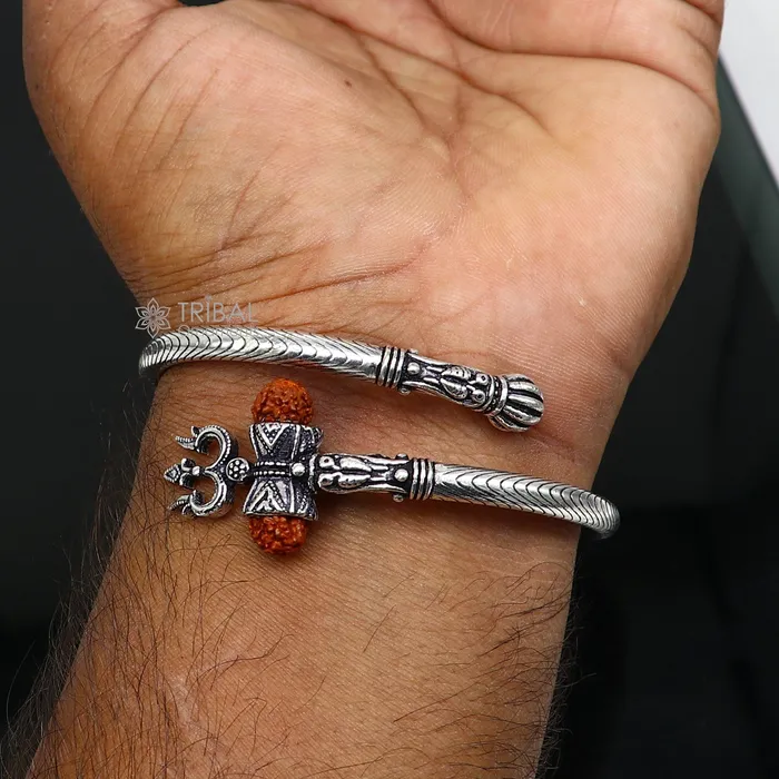 Bracelets TRIBAL ORNAMENTS Trendy Lord Shiva trident trishul trishool kada 925 Sterling silver handmade bangle bracelet with natural Rudraksha magical kada nsk744