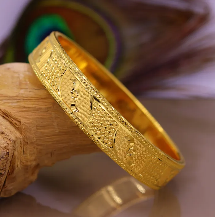 Certified 22kt yellow gold handmade solid bangle bracelet kada jewelry fabulous diamond cut designer jewelry for womens ba46 TRIBAL ORNAMENTS Bracelets
