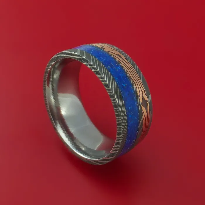 Damascus Steel Band with 14k Rose Gold Mokume Shakudo and Lapis Angled Inlays Custom Made Lashbrook Rings