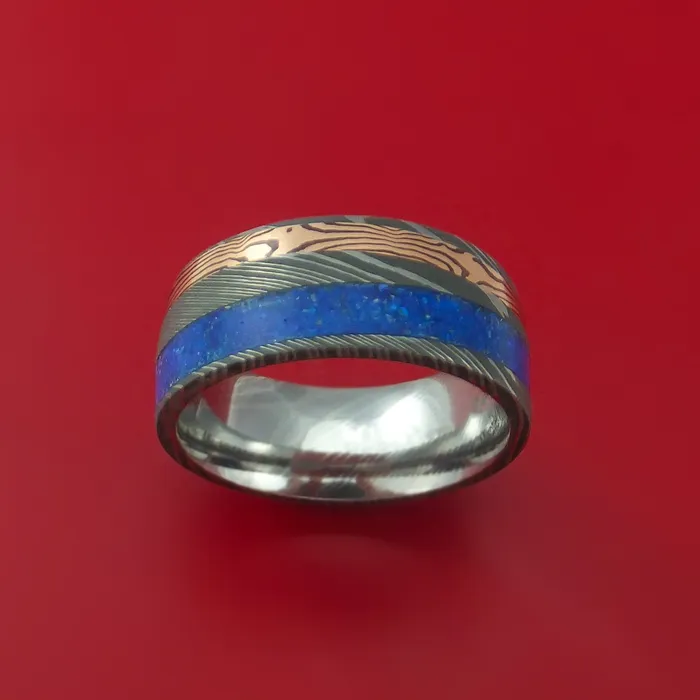 Damascus Steel Band with 14k Rose Gold Mokume Shakudo and Lapis Angled Inlays Custom Made Lashbrook Rings